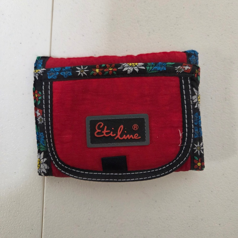 Eti Line Red Nylon Trifold Wallet Floral Edelweiss Trim Mirror Made Switzerland